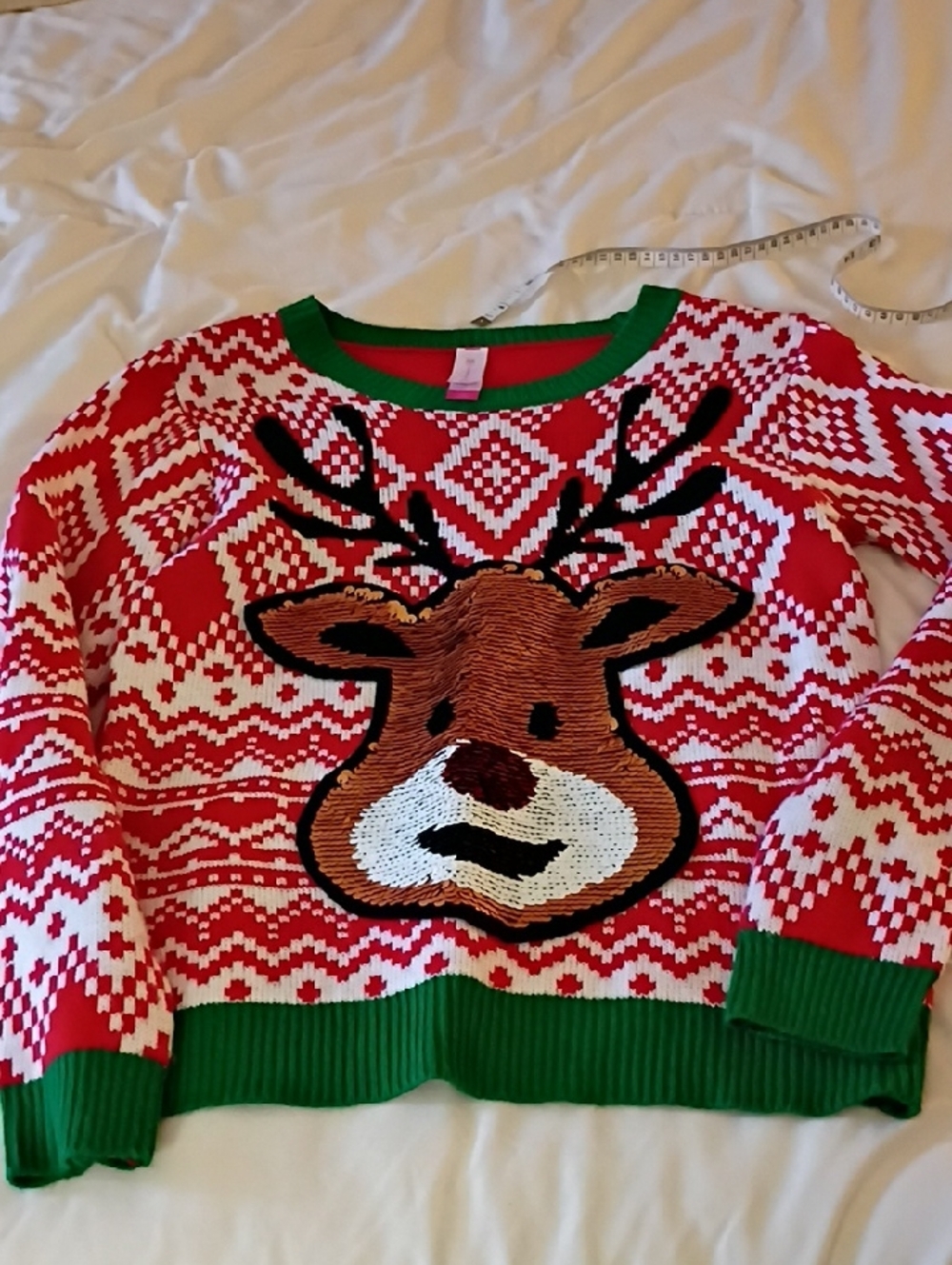 No Boundaries Red Reindeer Sweater with Green Trim